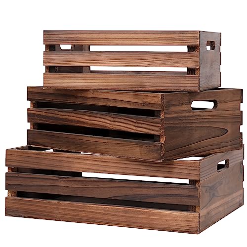 Senryee Wood Crates For Storage,Decorative Vintage Brown Wooden Crates For Display,Handmade Solid Wood Boxes,Set Of 3 Rustic Black Wooden Crate. (Vintage Brown)