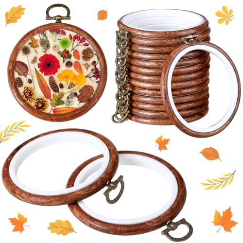 Image of Burbell 15 Pcs 3 Inch Embroidery Hoop Frame Set Decorative Imitated Wood Embroidery Hoop Display Circle Spring Rubber Cross Stitch Wood Frame Kits for Spring Mother's Day Art Craft Sewing DIY Gifts