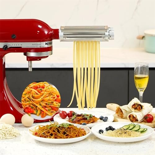 FavorKit Pasta Maker Attachment 3 in 1 Set Compatible for KitchenAid Mixers Plus Hub Knob Screw Accessory Included Pasta Sheet Roller, Spaghetti Cutter, Fettuccine Cutter and Cleaning Brush