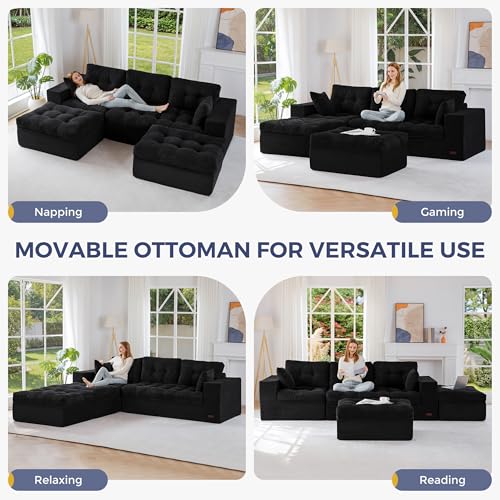 Image of MAXYOYO 104 inch U Shaped Modular Sectional Sofa with 2 Ottomans, Cloud Boneless Couch with Layered Cushion, Flexible Module Combination Sofa for Living Room, No Assembly Required, Black