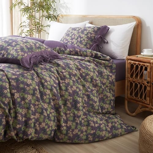 Image of VM VOUGEMARKET Violet Duvet Cover King Double Gauze Cotton Farmhouse Jacquard Green Floral Duvet Cover with 2 Bowknot Pillowcases Rustic Style, Breathable for a Cozy Home Atmosphere