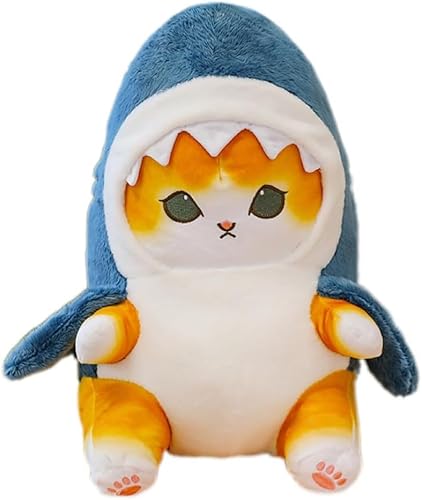 Arfobug 変身猫人形 サメ帽子猫マット 猫おもちゃ 猫枕 人気ぬいぐるみ デイリー枕 女の子 男の子 癒しふわふわ 誕生日プレゼント 子供の日ギフト 変身人形 サメ猫 (33cm,青黄色の顔)