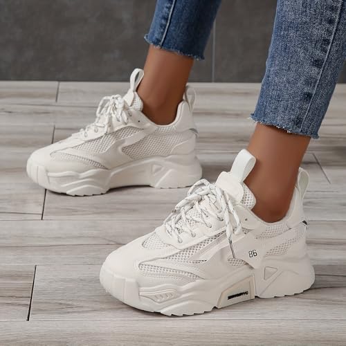 Women's Sneakers Low-top Women's Breathable Solid Color Mesh Sneakers, Lace Up Platform Casual Trainers4