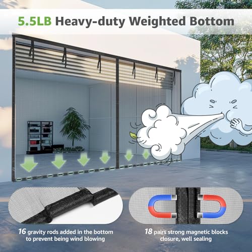 Image of Garage Door Screen for 1 Car, 2 Car Garage, Magnetic Closure Heavy Duty Weighted Bottom Fiberglass Mesh Keep Annoying Animal Out (Black, 13.12 ft x 8.13 ft)