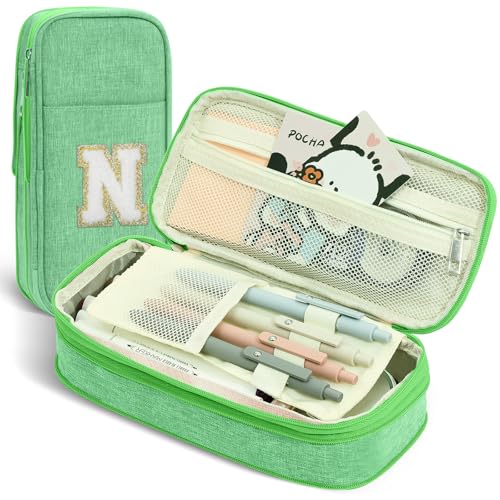 Image of Preppy Pencil Case for School Supplies, Large Initial Pencil Pouch with Zipper, Cute Pencil Bag for Office Supplies, Aesthetic Pen Case Box for Kids Teen Girls Women - N(Green)