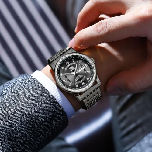 Image of OPK Watches for Men Diamond Roman Analog Mens Watches Waterproof Large Stainless Steel Men Wrist Watch Business Father Gift Watch Blue