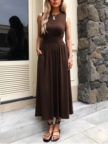 Women's Sleeveless Summer Maxi Dress Crewneck Casual Swing Pleated Long Dresses with Pockets2