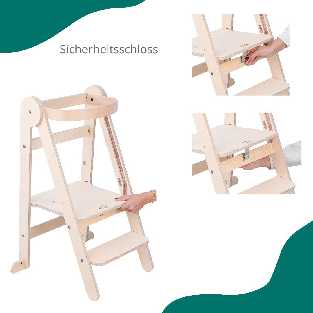 Mamatoyz 08FNAT Faltholz-Montessori-Lernturm, Faltbarer Mehrzweck-Lernturm aus natürlichem Birkenholz mit 2 einstellbaren Höhen