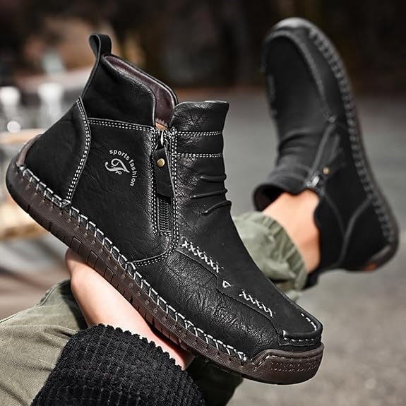 Men's Leather Ankle Boots for Hiking Camping & Driving Fashion Retro Side Zip High Top Outdoor Walking Sneakers Optional Warm Velvet Lining Snow Boots4