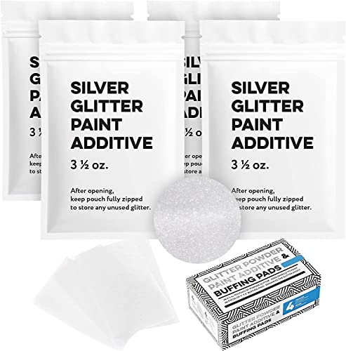 [4 Pack] 3.5Oz Silver Glitter Paint Additive & Paint Buffing Pads To Make Your Room Shine - Shimmering Paint Glitter Additive For Walls,Ceilings & Grout - Large Pad For Enhancing Glitter #TOP13