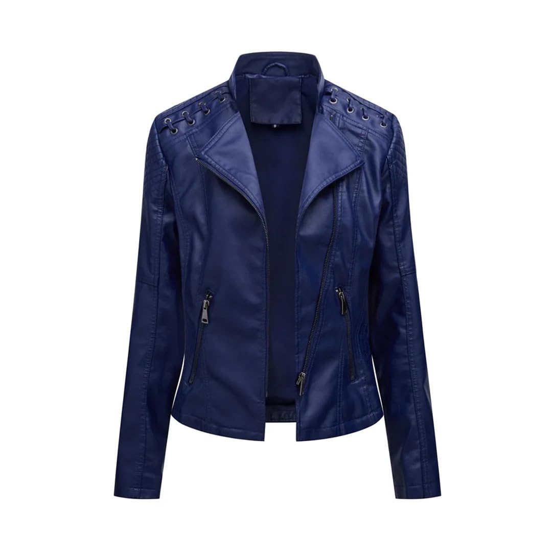 Cappotto alla moda da donna in ecopelle con cerniera per motociclista autunnale