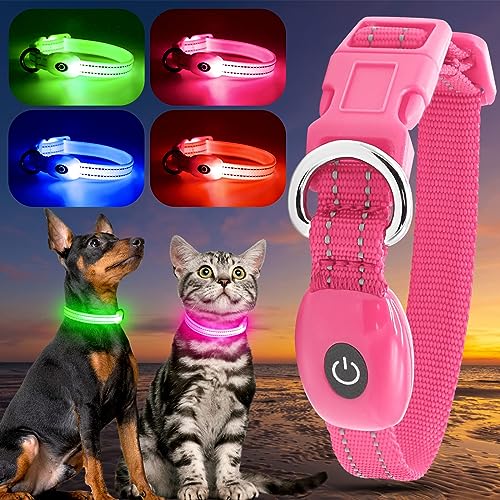 Wiederaufladbares LED-Welpenhalsband, YFbrite LED-Katzenhalsband, Bequem Leuchtende Welpenhalsbänder, Verstellbares Reflektierendes Welpen-Gehlichthalsband für Sicherheit (Rosa, XS)