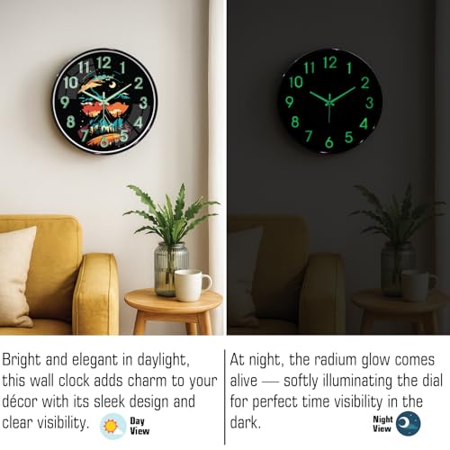 Image of RANDOM Glow in The Dark Wall Clock, Silent Non-Ticking, Mountain Landscape Design with Luminous Numbers, Black Frame, for Living Room Bedroom Office