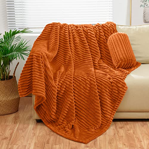 Bnuitland Burnt Orange Flannel Throw with Storage Pouch,300GSM Super Soft Fleece Stripe Pattern Sofa Blanket for Babys and Kids, Lightweight Cozy Bed Throw for Home Decor All Season