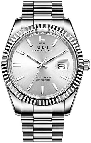 BUREI Men Quartz Wirst Watch Modern Analog Dial with Date Window Sapphire Crystal Lens Stainless Steel Case and Band
