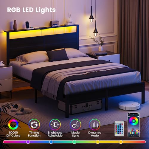 Image of Queen Size Bed Frame with LED Lights and Charging Station Headboard | Black Metal Platform Bed, Storage Shelf, USB+Type C, Noise Free, No Box Spring Needed, Easy Assembly