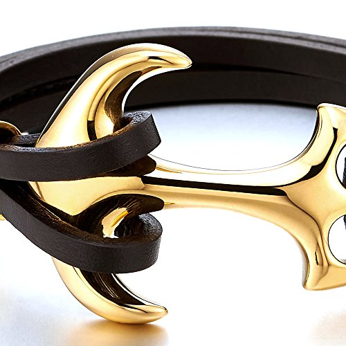 COOLSTEELANDBEYOND Mens Large Stainless Steel Gold Color Marine Anchor Bangle Bracelet Genuine Brown Leather Wristband2