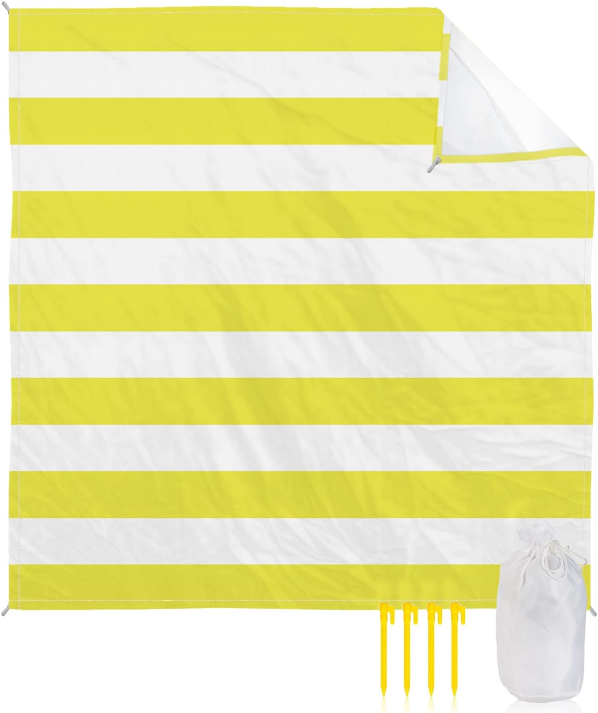 Christmas Stripes Beach Blanket Waterproof Sandproof Outdoor Picnic Mat 83"x79" Yellow and White Lightweight Large Beaach Blankets with 4 Stake & 4 Corner Pockets