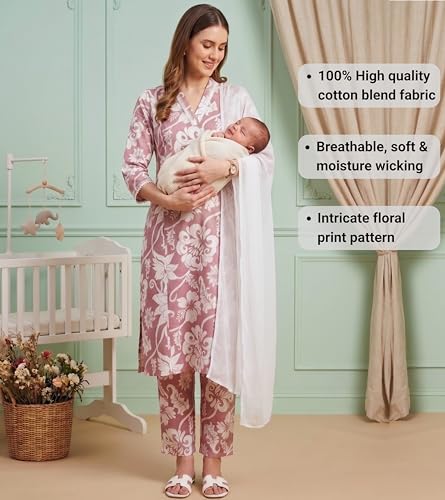 Image of DUMMY SHAPE Maternity Dresses for Women Cotton | Floral Kurta Pant Dupatta Set with Nursing Zippers, Side Pocket | Pre & Post Pregnancy | Feeding Kurti Suit | Baby Shower | Gifts for Pregnant Woman