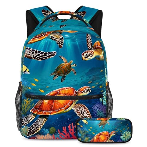 Sac à dos avec trousse tortue de mer mignonne multicolore pour garçons et filles