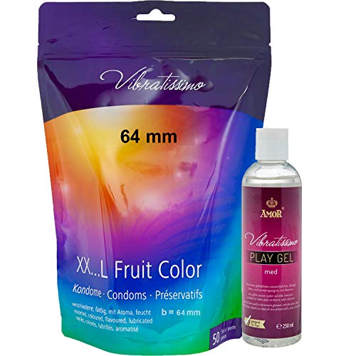 Amor Vibratissimo® "MiTalla FRUIT COLOR 64mm" 50 pack preservativos + 250ml lube, condones para una sensación auténtica Cover