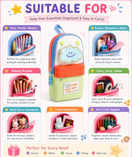 Image of Kawaii Cute Aesthetic Pencil Case for Students | Large Capacity Multi-Pocket Pencil Pouch with Zipper | Cartoon Stationery Organizer Bag for School, College & Office Supplies (Good Time - Green)