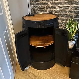 Cheeky Chicks Ltd Black Whisky Barrel Cabinet | Rustic Solid Oak Wood and with Logo | Black 2 Doors 1 Shelf