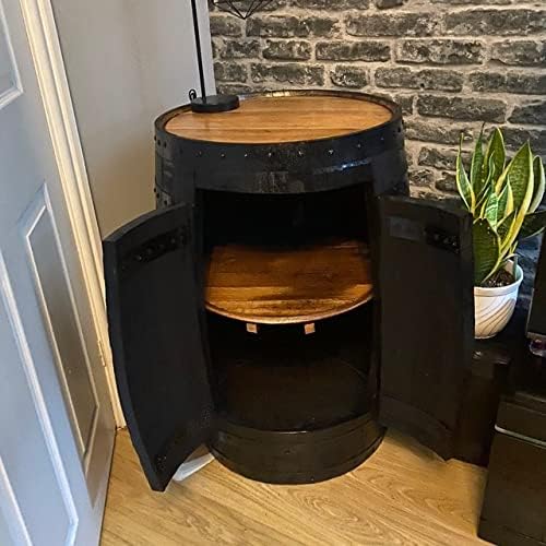 Cheeky Chicks Ltd Black Whisky Barrel Cabinet | Rustic Solid Oak Wood and with Logo | Black 2 Doors 1 Shelf