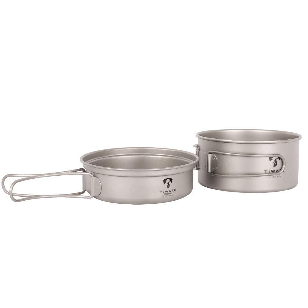 Titanium 2-Piece Pot & Pan Cookware compact cooking Set with folding handles Ultra-Light Weight Durable w. Carrying bag Reusable Eco-friendly for backpacking hiking camping picnic outdoor