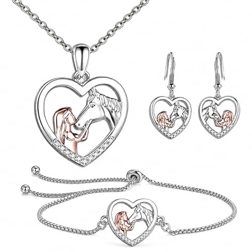 AHEZQILU Parure Bijoux Fille Cheval 3 Pièces, Collier Cheval Coeur avec Bracelet et Boucles d’Oreilles, Pendentif Argenté, Idée Cadeau Cavalière Femme...