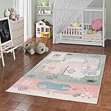 Alfombra Infantil Rosa para habitación de niñas - Suave Alfombra de Juego con diseño de casa de muñecas, Ideal para Cuarto Infantil y Sala de Juegos