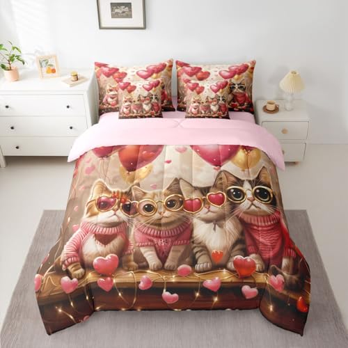 Image of Cute Cats Twin Comforter Set Pink Heart Balloons Decor Bedding Sets Valentine's Day Romantic Lovely Kitty Bedroom Decor Comforter,Flat Sheet,Fitted Sheet,2 Pillowcases,2 Pillow Covers,7 Pieces