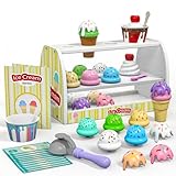 Ice Cream Play Set for Kids - Gifts for 2 3 4 Year Old Girls, Ice Cream Toy Counter Shop Pretend Play Food with Apron, Scoop, Menu, Fake Money, Toys Gifts for Boys Toddlers Ages 2-4 3-5
