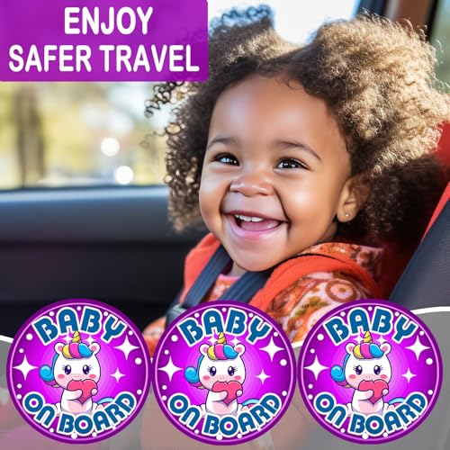 Image of Baby on Board Magnet for Car, Reflective Babies on Board Magnetic Sticker Car Sign, 3 Pack Waterproof Kids Safety First Warning for Parents (Purple Unicorn)