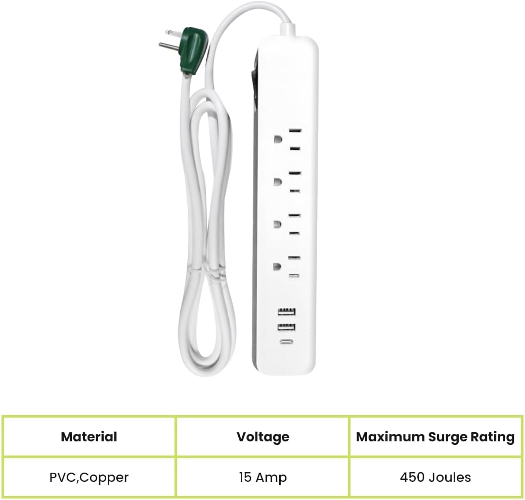 Go Green Power Inc. 6-ft Cord Surge Protector with 4 Outlets, USB-A and USB-C, 450 Joules - Compact, Heavy Duty, Circuit Breaker - Ideal for Home & Office - GG-1462USBC
