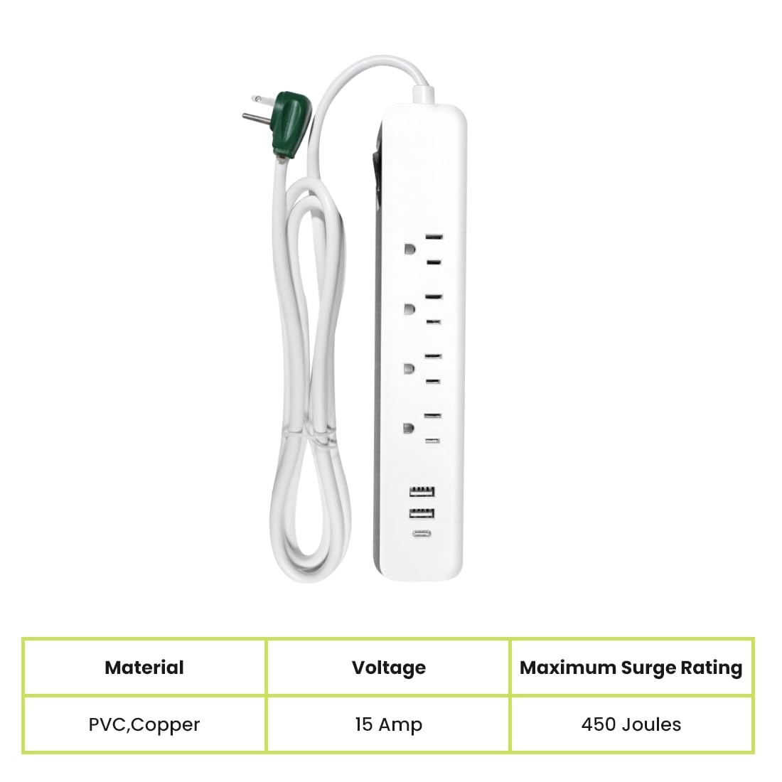 Go Green Power Inc. 6-ft Cord Surge Protector with 4 Outlets, USB-A and USB-C, 450 Joules - Compact, Heavy Duty, Circuit Breaker - Ideal for Home & Office - GG-1462USBC