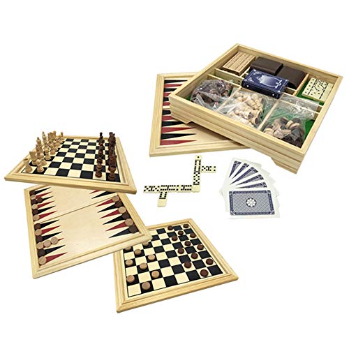 Deluxe 7 in 1 Board Game Set - Chess Set, Checkers, Backgammon, Dominoes, Playing Cards, Poker Dices and Cribbage - by KAILE