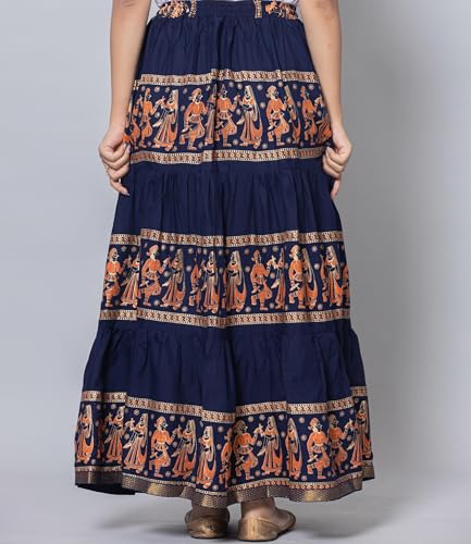 Image of Women's Cotton Printed Long Skirt | Ethnic Folk Print Tiered Maxi Skirt for Women | Elastic Waist Flared Boho Skirt | Traditional Casual for Women