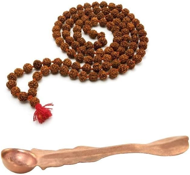 SKYSHOPPINGHUB Copper Punch Patra Spoon with Rudraksha Beads Mala 8mm for Home Office Temple Puja Purpose Pack of 2 Pcs