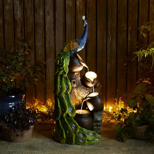 Glitzhome 4-Tier Oversized Peacock Sculpture with Jars Outdoor Water Fountain with LED Light, Resin Peacock Statue Waterfall Fountain with Submersible Pump for Garden Patio Porch, 40”H