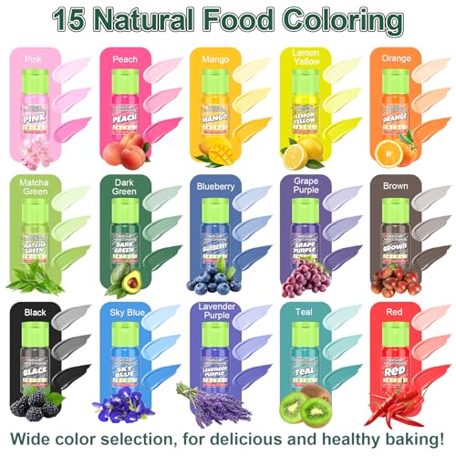 Image of Natural Food Coloring - 15 Vibrant Colors Food Coloring Set, Food-Grade, Non-GMO, FD&C & Artificial Dye Free Natural Liquid Food Dye Set for Baking, Cake Decorating, Frosting, Icing, Fondant, Cookies, DIY Slime - 10ml (0.35fl oz) /Bottles