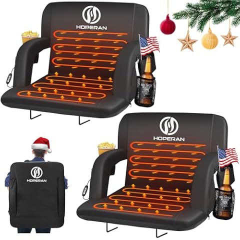 HOPERAN 25" 2pcs Double Heated Stadium Seats for Bleachers with Back Support Wide Cushion, Extra Portable Bleacher Seat Foldable Stadium Chair, USB 3 Levels of Heat, 5 Pockets for Outdoor Games Sports Cover