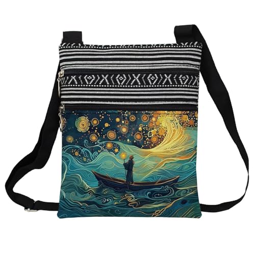Night Ship Messenger Bag Small Ethnic Pattern Printed Adjustable Strap Crossbody Zipper Bag Night Ship Phone Bag Wallet Cute Shoulder Handbag for Women -1