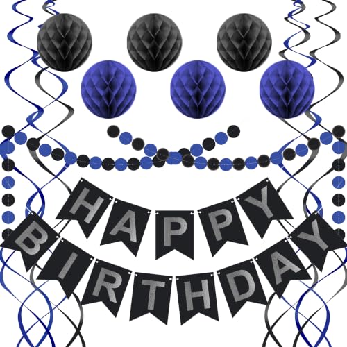 Image of Black Blue Birthday Decorations, Happy Birthday Banner with Honeycomb Balls, Circle Dot Garland and Hanging Swirl Decorations for Women Men Boys Girls (Blue Black)