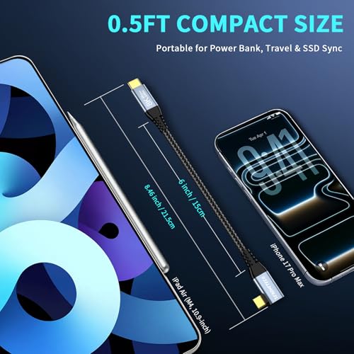 ZeroneTeck 6 inch USB C for Thunderbolt 4 Cable 0.5FT, [Durable] 40Gbps High Speed Data Transfer Short, Right Angle USB 4 Cord 240W PD Charging, 8K@60Hz Video Output 90 Degree for iPhone 17,MacBook by ZeroneTeck - Image 3