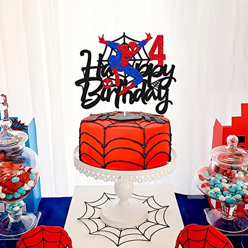 Spider 4Th Cake Topper Spider Birthday Cake Decoration Spider Happy Birthday Cake Decor For Men Boy Children Bday Party Supplies Double Sided Glitter Black Décor #TOP3