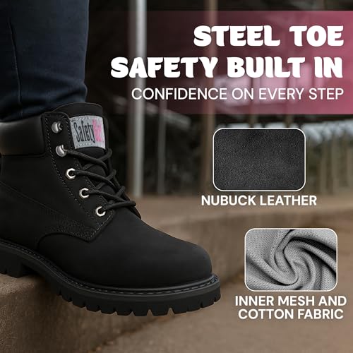 Image of Safety Girl Women's Work Boots | Water Resistant Leather Work Boots for Women | Oil & Slip-Resistant Black, Steel Toe Boots for Women | Premium Nubuck Lightweight and Comfortable | Black - 8M