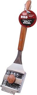 Tablecraft Heavy Duty Stainless Steel Grill Brush with Long Wood Handle and Knob, Gray, 20-1/2