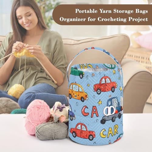 Image of Tatenale Crochet Bag Yarn Bag Knitting Project Bag with Pockets and Handle Portable Yarn Storage Organizer Tangle Free 8.3x11 InchLight Blue Cars and Stars32