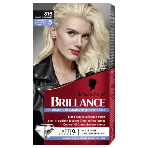 Schwarzkopf - Brillo – Color permanente intenso 2 en 1 – Diamante brillante – aclara hasta 5 tonos – rubio claro – contra reflejos amarillos – Polar rubio 815